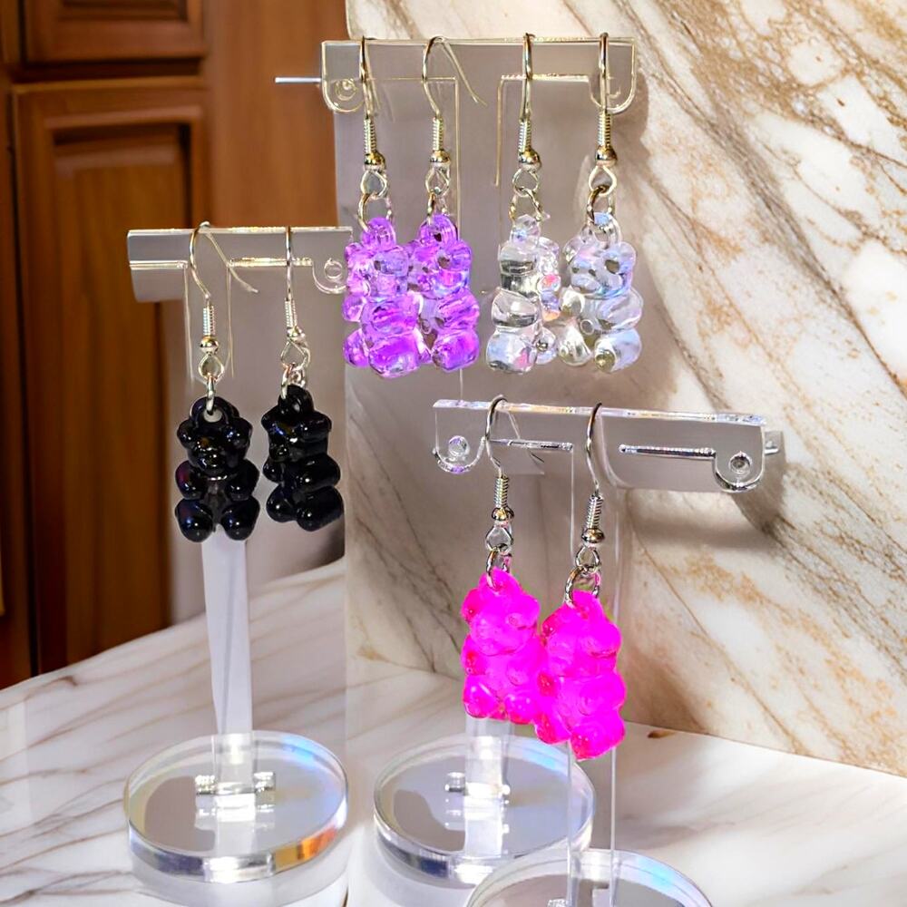 New 4 Pairs Gummy Bear Clear Jelly Acrylic Dangle Drop Earrings Cute Gift Purple